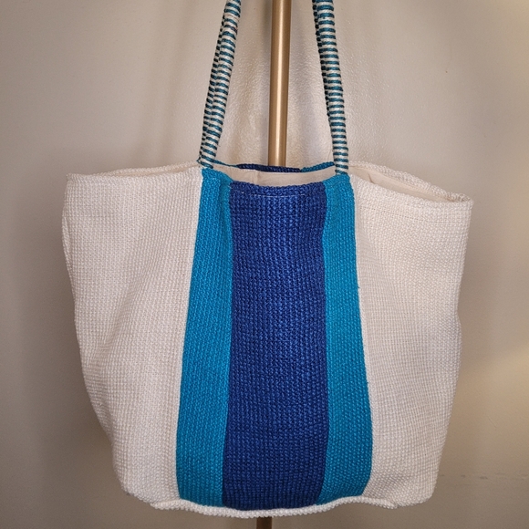 MixIt Multicolor Jute & Cotton Large Tote Bag Blue and Cream Tote Bag - Picture 5 of 15